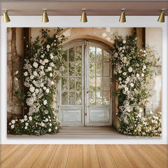 Lofaris Romantischer Blumen Tür Fotohintergrund mit weißen Rosen und Grün, elegante Kulisse für Hochzeitsfotoshootings und Porträts