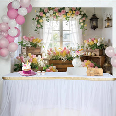 Lofaris Pastellfarbener Frühlings-Osternhintergrund mit Tulpen, Rosen und Ostereiern, Kulisse für festliche Frühlingsdekoration