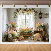 Lofaris Pastellfarbener Frühlings-Osternhintergrund mit Tulpen, Rosen und Ostereiern, Kulisse für festliche Frühlingsdekoration