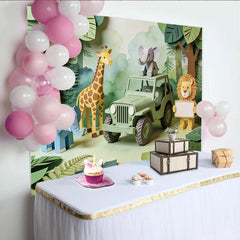 Lofaris Niedlicher Safari Babyparty Hintergrund mit Dschungeltieren und Jeep, grüne Fotowand für Kinderzimmer Dekoration