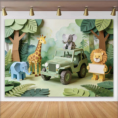 Lofaris Niedlicher Safari Babyparty Hintergrund mit Dschungeltieren und Jeep, grüne Fotowand für Kinderzimmer Dekoration