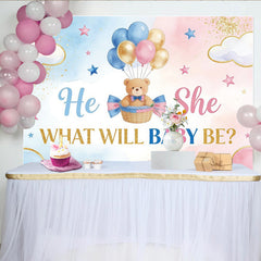 Lofaris Geschlechtsenthüllung Babyparty Hintergrund Blau Rosa, süße Kulisse mit Teddybär und Luftballons für Fotoshooting