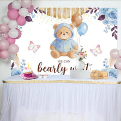 Lofaris Niedlicher Teddybär Babyparty Hintergrund mit blauen Rosen und Luftballons, bezaubernde Kulisse für Geschlechtsenthüllung