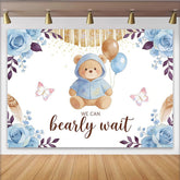 Lofaris Niedlicher Teddybär Babyparty Hintergrund mit blauen Rosen und Luftballons, bezaubernde Kulisse für Geschlechtsenthüllung