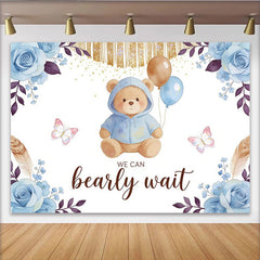 Lofaris Niedlicher Teddybär Babyparty Hintergrund mit blauen Rosen und Luftballons, bezaubernde Kulisse für Geschlechtsenthüllung