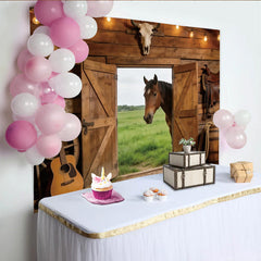 Lofaris Rustikaler Scheunen-Fotohintergrund mit Pferd und Holzwand, Vintage Western Kulisse für Bauernhof-Partys und Fotoshootings