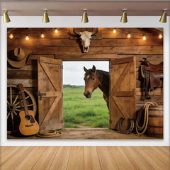 Lofaris Rustikaler Scheunen-Fotohintergrund mit Pferd und Holzwand, Vintage Western Kulisse für Bauernhof-Partys und Fotoshootings