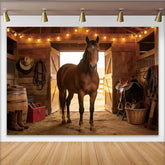 Lofaris Rustikaler Western-Fotohintergrund mit Pferd und Lichterketten, perfekte Kulisse für Fotoshootings und Eventdekoration