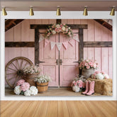 Lofaris Rosa Landhausstil Fotohintergrund mit Blumenbogen und Holztür, charmante Kulisse für Porträts und Familienfotoshootings