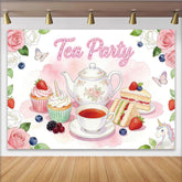Lofaris Rosa Aquarell Teeparty-Geburtstagshintergrund für Mädchen mit Einhorn und Kuchen, zauberhafte Kulisse für Fotoshootings