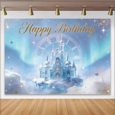 Lofaris Goldener Happy Birthday Eispalast-Geburtstagshintergrund mit Uhr und Schneeflocken, magische Winterwunderland-Kulisse für Mädchen