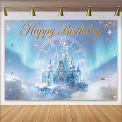 Lofaris Goldener Happy Birthday Eispalast-Geburtstagshintergrund mit Uhr und Schneeflocken, magische Winterwunderland-Kulisse für Mädchen