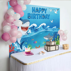 Lofaris Cartoon Hai Geburtstagshintergrund für Jungen mit Unterwasserwelt, blaue Ozean Party Fotowand, lustige Kulisse für Kindergeburtstag