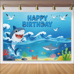 Lofaris Cartoon Hai Geburtstagshintergrund für Jungen mit Unterwasserwelt, blaue Ozean Party Fotowand, lustige Kulisse für Kindergeburtstag