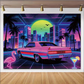 Lofaris Retro-Nachtstadt Fotohintergrund mit Neonlichtern und Oldtimer, lebendige Kulisse für professionelles Fotostudio