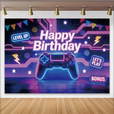 Lofaris Neon Gaming-Geburtstagshintergrund mit Controller und Level Up Schriftzug, lebendige Partydekoration für coole Fotoshootings