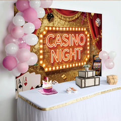 Lofaris Goldener Glitzer Casino-Nacht Hintergrund mit Roulette und Spielkarten, elegante Fotowand für Eventfotografie und Partydekoration