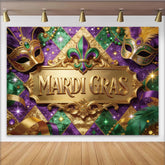Lofaris Glitzernder Mardi Gras Hintergrund in Lila Grün Gold mit Masken, festliche Kulisse für Karnevalspartys und Fotoshootings