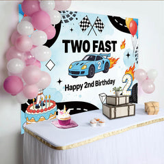 Lofaris Blauer Rennwagen 2. Geburtstag Hintergrund für Jungen Two Fast, dynamische Partydekoration mit Zielflaggen und Ballons
