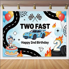 Lofaris Blauer Rennwagen 2. Geburtstag Hintergrund für Jungen Two Fast, dynamische Partydekoration mit Zielflaggen und Ballons