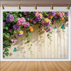 Lofaris Bunter Frühlingsblumen Fotohintergrund mit Holzstruktur, elegante Kulisse für Porträts und Naturfotografie