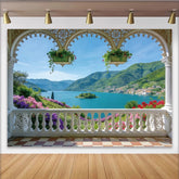 Lofaris Malerischer Balkon-Landschaftshintergrund mit See und Bergen, idyllische Fotowand für professionelle Fotoshootings