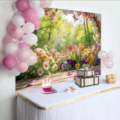 Lofaris Idyllischer Frühlingsblumen-Fotohintergrund mit bunten Blüten und Holzboden, natürliche Fotokulisse für Studio und Event