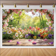 Lofaris Idyllischer Frühlingsblumen-Fotohintergrund mit bunten Blüten und Holzboden, natürliche Fotokulisse für Studio und Event