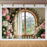 Lofaris Romantischer Blumenfenster Fotohintergrund mit rosa und weißen Rosen, elegante Kulisse für Porträtfotografie und Studiodekoration