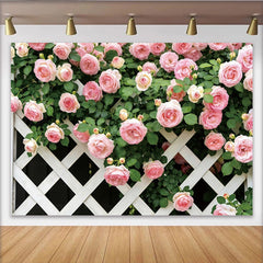 Lofaris Zarter rosa Rosen-Spalier-Hintergrund mit weißem Gitter, romantische Fotowand für Frühlings- und Gartenfotografie