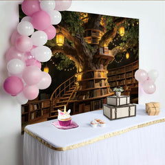 Lofaris Magischer Bibliotheksbaum Fotohintergrund mit leuchtenden Laternen, gemütliche Kulisse für professionelle Fotoshootings und Dekoration
