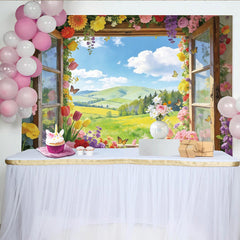 Lofaris Blumenfensterblick Fotohintergrund mit Schmetterlingen, malerische Frühlingslandschaft Kulisse für Fotostudio und Event