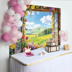 Lofaris Blumenfensterblick Fotohintergrund mit Schmetterlingen, malerische Frühlingslandschaft Kulisse für Fotostudio und Event