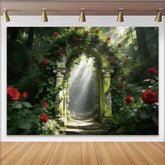 Lofaris Romantischer Rosenbogen Fotohintergrund mit roten Rosen, mystische Kulisse für Hochzeiten und Fotostudio-Aufnahmen
