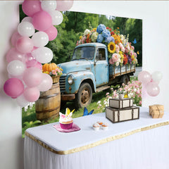 Lofaris Rustikaler Vintage LKW Blumen Fotohintergrund mit Schmetterlingen, idyllische Kulisse für Fotoshootings und saisonale Dekoration