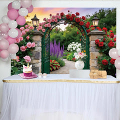 Lofaris Romantischer Rosengarten-Fotohintergrund mit Steinbogen und Laternen, wunderschöne Kulisse für Hochzeiten und Porträtfotografie