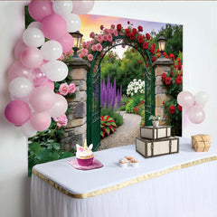 Lofaris Romantischer Rosengarten-Fotohintergrund mit Steinbogen und Laternen, wunderschöne Kulisse für Hochzeiten und Porträtfotografie