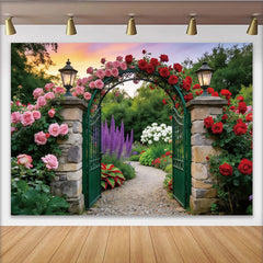 Lofaris Romantischer Rosengarten-Fotohintergrund mit Steinbogen und Laternen, wunderschöne Kulisse für Hochzeiten und Porträtfotografie