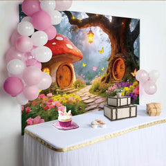 Lofaris Märchenwald-Hintergrund mit Pilzhaus und leuchtenden Blumen, bezaubernde Fotokulisse für Kinderfotografie und Studio