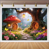 Lofaris Märchenwald-Hintergrund mit Pilzhaus und leuchtenden Blumen, bezaubernde Fotokulisse für Kinderfotografie und Studio