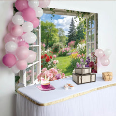 Lofaris Offenes Fenster Frühlingsgarten Fotohintergrund mit bunten Blumen, natürliche Kulisse für Fotoshooting und Event Dekoration