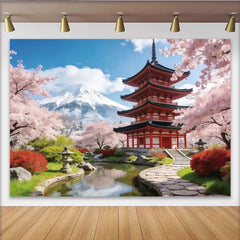 Lofaris Japanische Frühlingslandschaft Hintergrund mit Kirschblüten und Berg Fuji, malerische Fotokulisse für Porträts und Dekoration