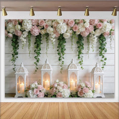 Lofaris Eleganter Blumen Fotohintergrund mit weißen Rosen und Laternen, romantische Kulisse für Hochzeits- und Eventfotografie
