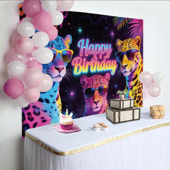 Lofaris Happy Birthday Neon-Leoparden-Hintergrund mit Sonnenbrillen, coole Fotokulisse für lebendige Partydekoration und Fotoshootings