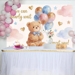 Lofaris Niedlicher Teddybär Babyparty Hintergrund mit Luftballons und Wolken, bezaubernde Fotokulisse für Babyankunft und Fotoshooting