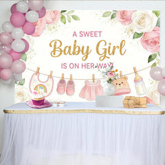 Lofaris Rosa Blumen Mädchen Babyparty Hintergrund mit Babykleidung, elegante Fotowand für Fotoshooting und Partydekoration