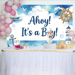 Lofaris Maritimer Jungen Babyparty Hintergrund mit Segelboot und Leuchtturm, Ahoy es ist ein Junge Fotowand für nautische Dekoration