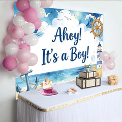 Lofaris Maritimer Jungen Babyparty Hintergrund mit Segelboot und Leuchtturm, Ahoy es ist ein Junge Fotowand für nautische Dekoration