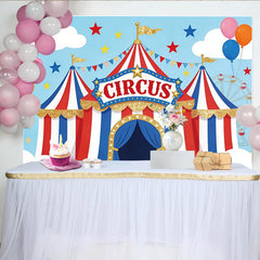 Lofaris Glitzernder Zirkus-Geburtstagshintergrund rot-weiß-blau für Kinderparty, festliche Fotokulisse mit Riesenrad für Fotoshootings