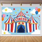 Lofaris Glitzernder Zirkus-Geburtstagshintergrund rot-weiß-blau für Kinderparty, festliche Fotokulisse mit Riesenrad für Fotoshootings